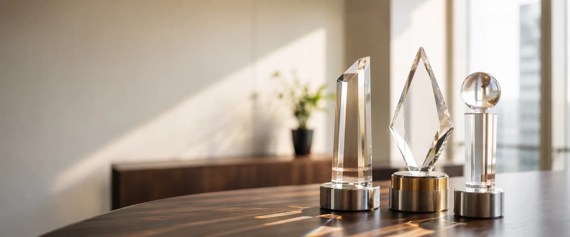 Three crystal and brushed-metal award trophies on a polished wood table in a sunlit office
