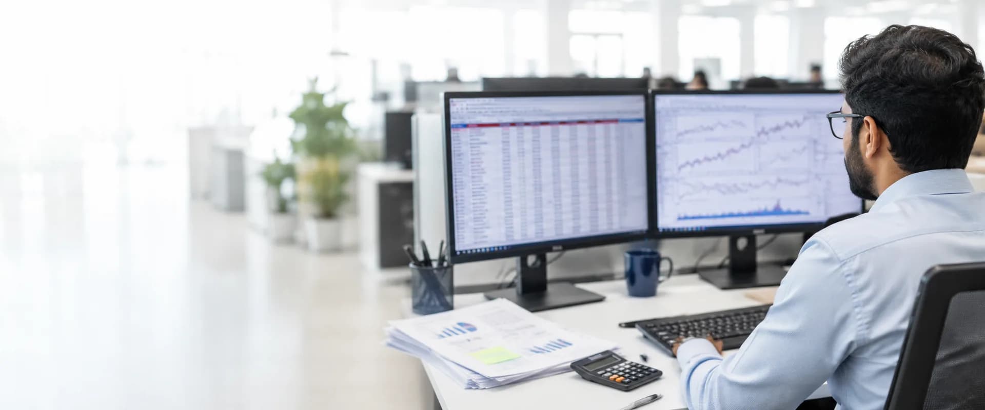 An analyst reviewing spreadsheets and financial charts across two monitors in a bright open-plan office