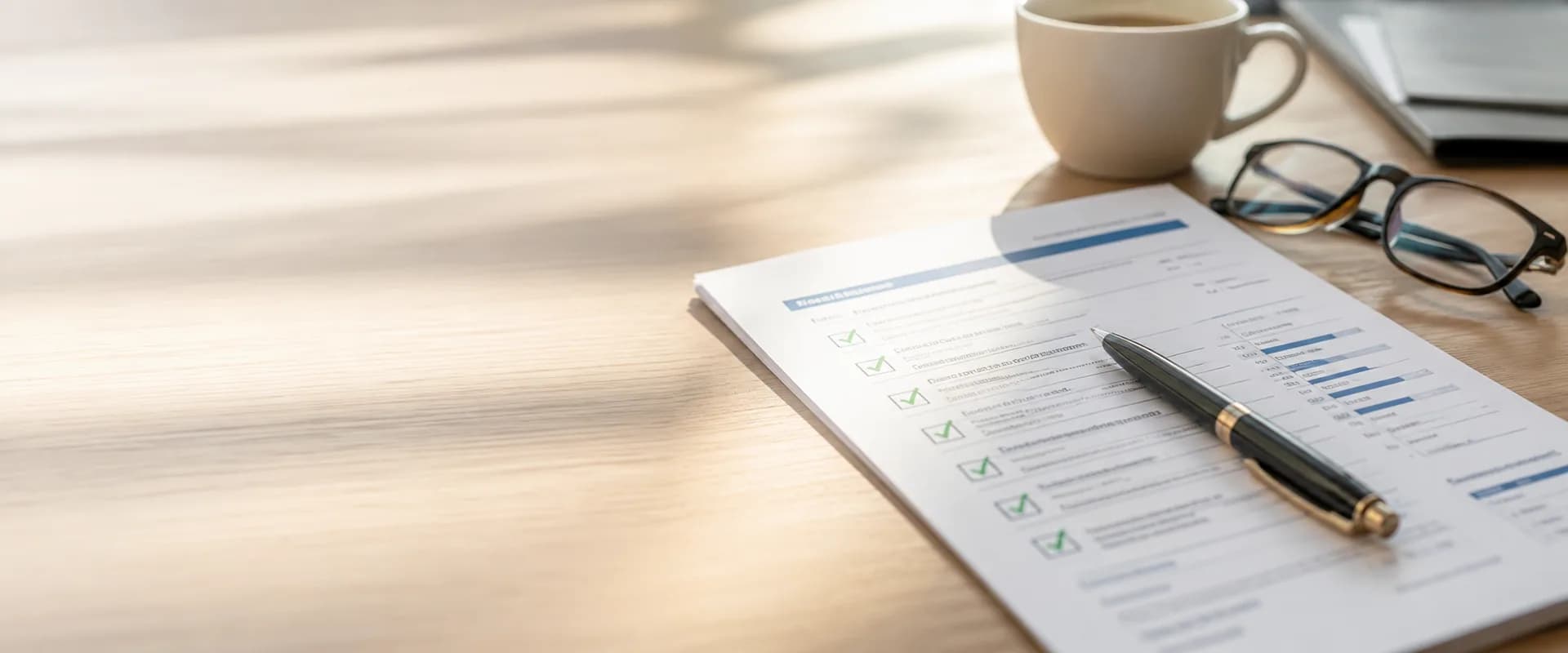 A printed readiness report on a desk with items ticked in green, a pen, reading glasses and a coffee cup