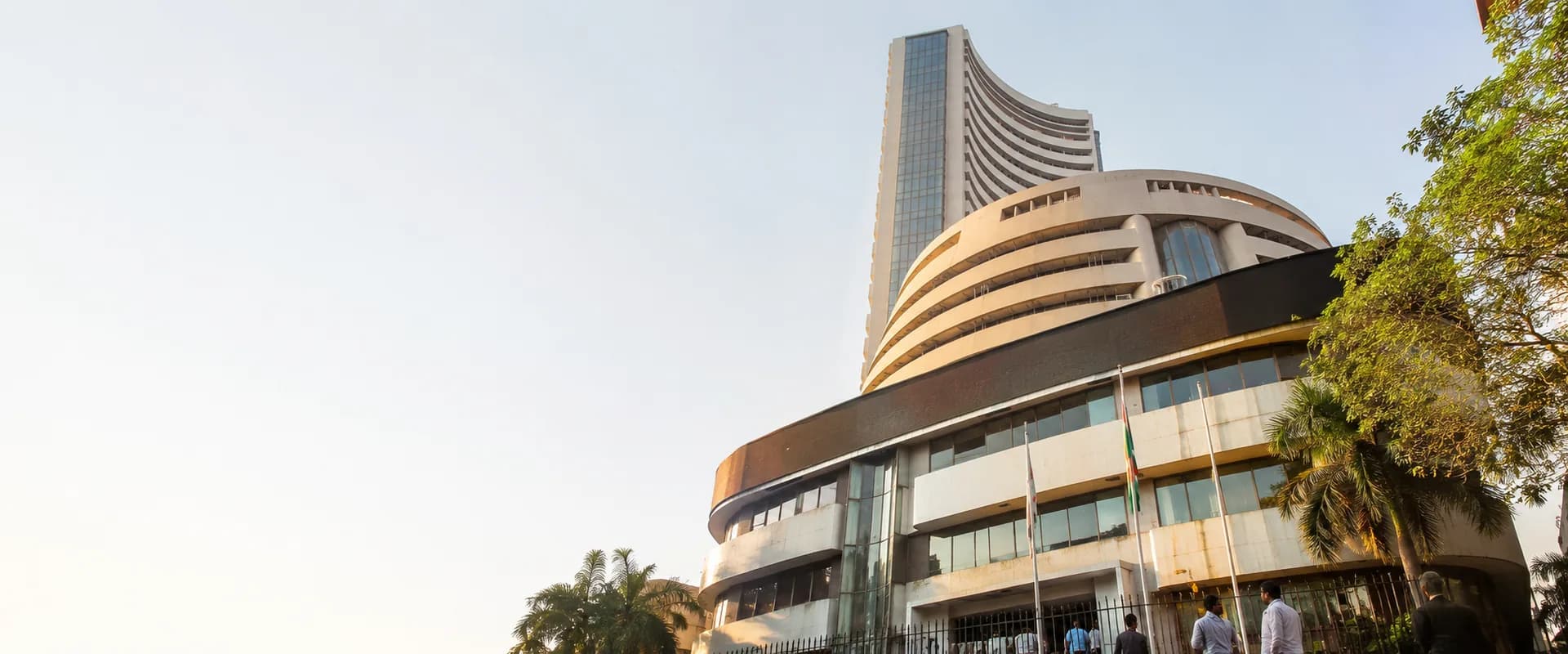 The Bombay Stock Exchange tower on Dalal Street, Mumbai, photographed from the plaza on a clear morning