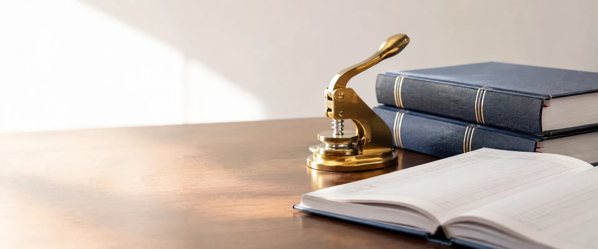 A brass company seal embosser beside bound statutory register books, one open to ruled columns