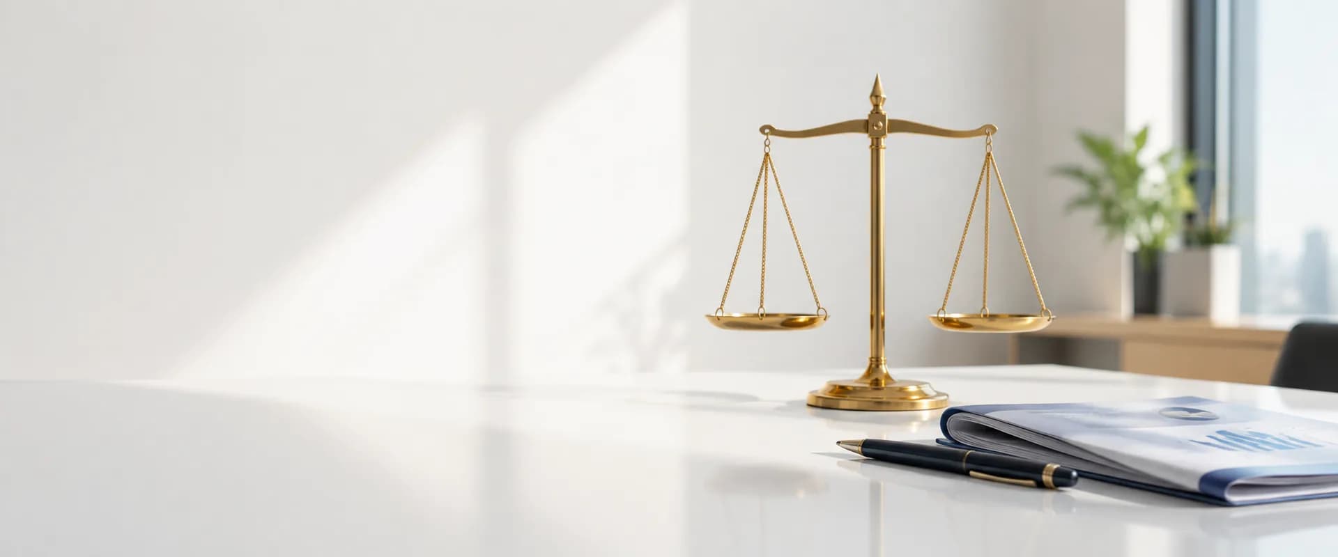 A brass balance scale resting level on a bright white desk beside a folded financial report and pen