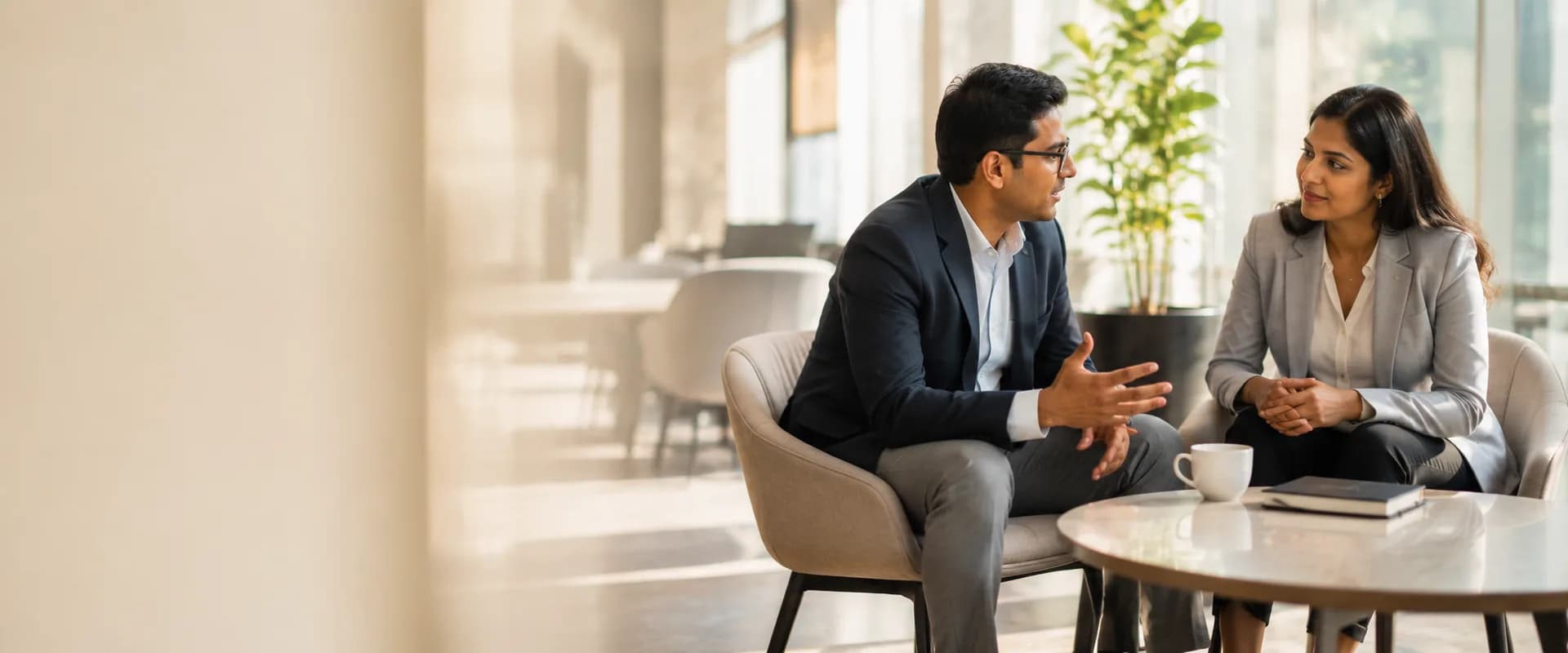 Two business professionals in conversation in a bright meeting lounge, one speaking and the other listening