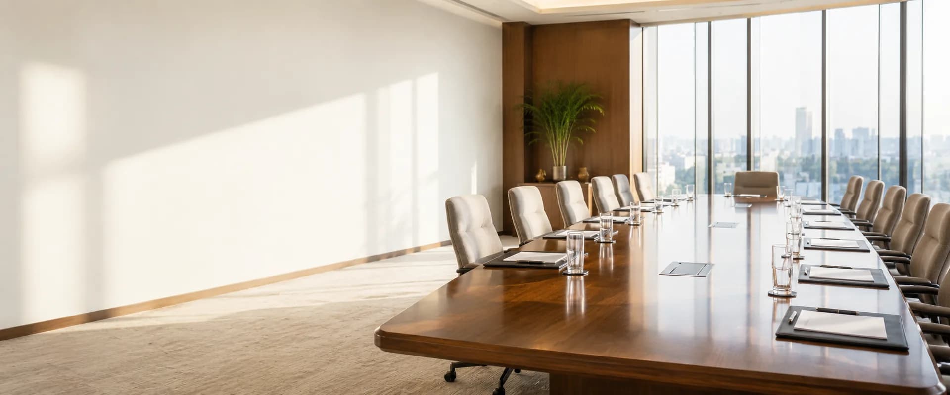 An empty boardroom in morning light, a long polished table set with notepads and water glasses
